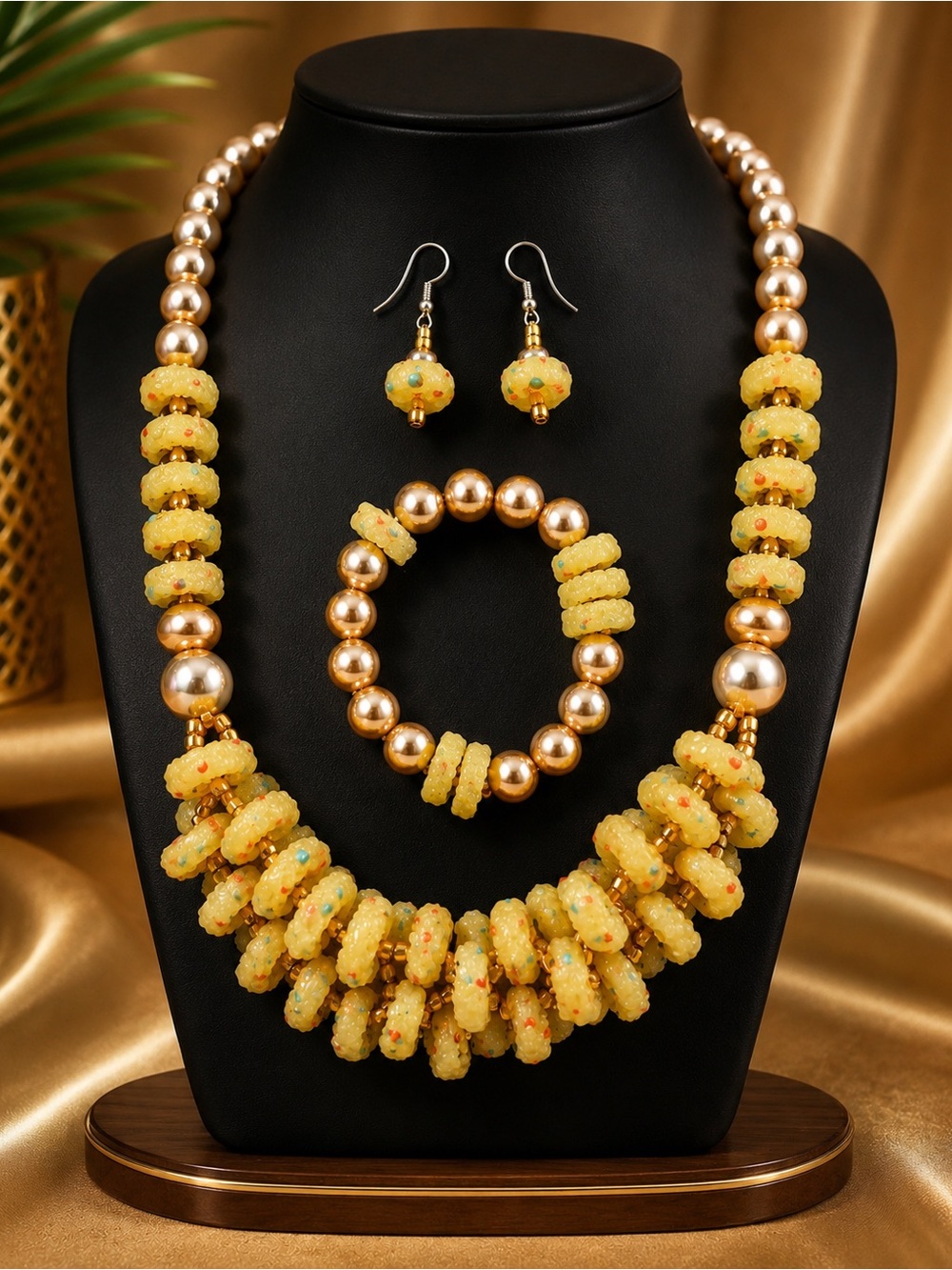 Handmade Ghanaian Yellow Beaded Necklace Set